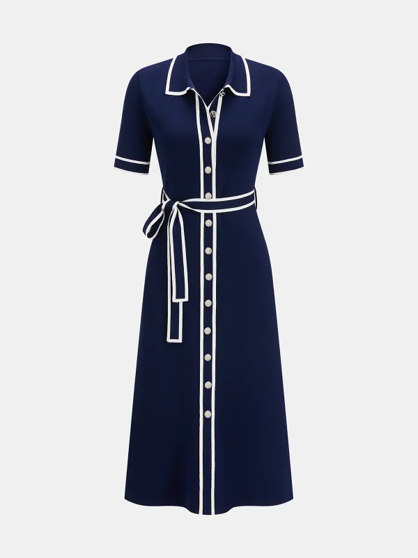 Contrast Trim Belted Short Sleeve Knit Dress made by COMMENSE