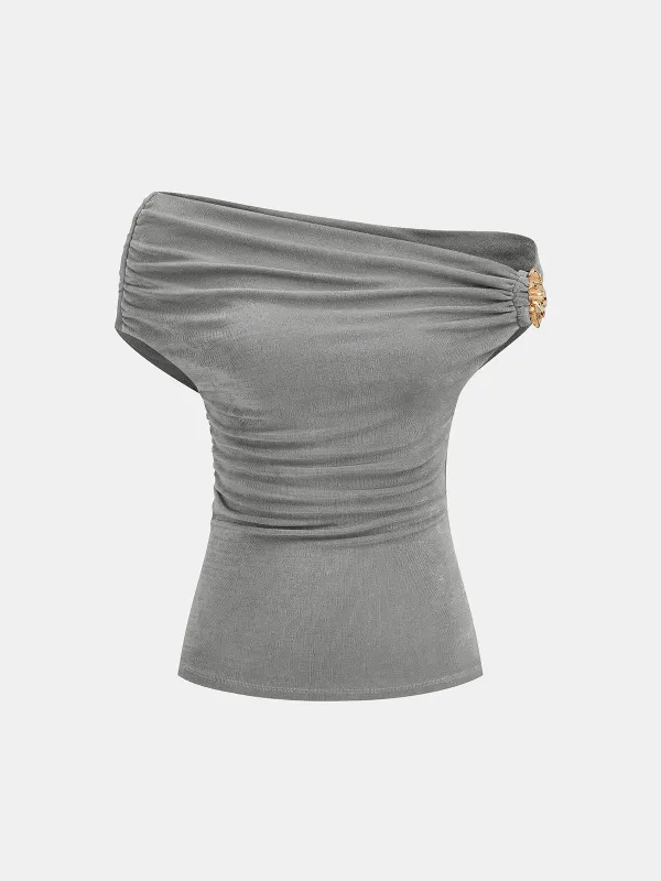 Asymmetrical Off Shoulder Ruched Top made by COMMENSE