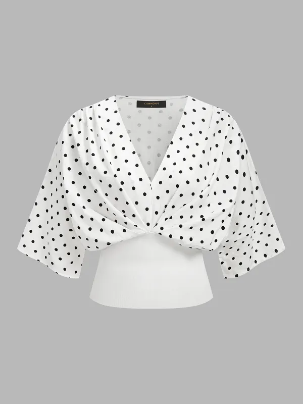 Polka Dot Cinched Waist V Neck Blouse made by COMMENSE