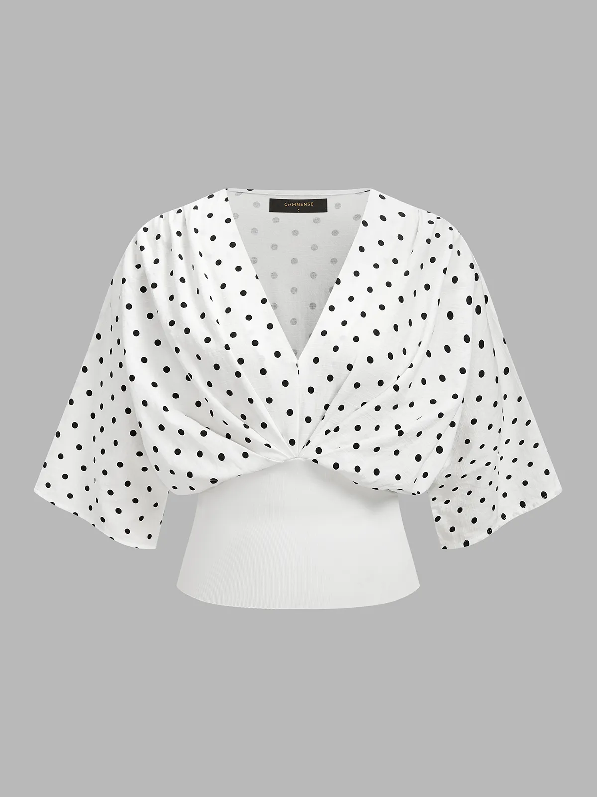 Polka Dot Cinched Waist V Neck Blouse sold by COMMENSE
