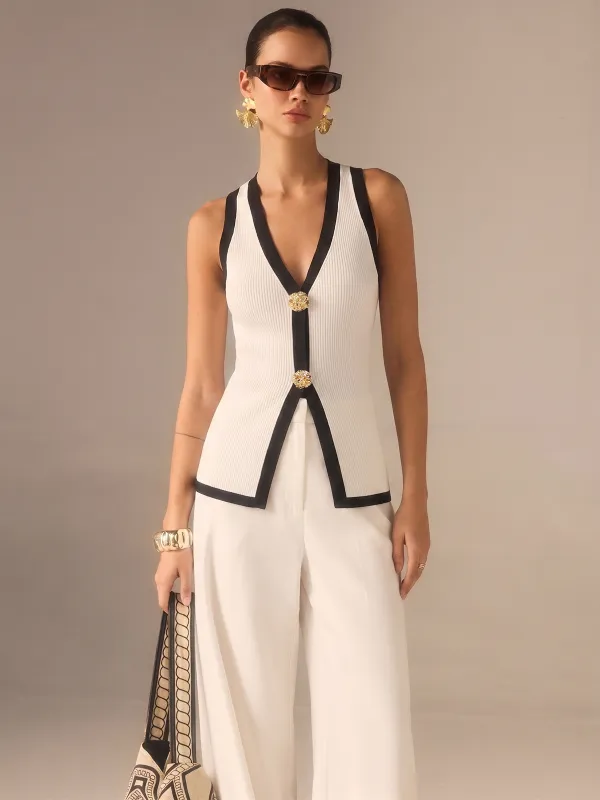Contrast Trim Ribbed Knit Vest made by COMMENSE