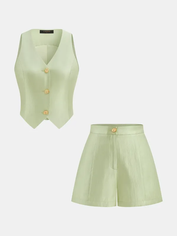 Sleeveless V Neck Vest & Tailored Shorts Set made by COMMENSE