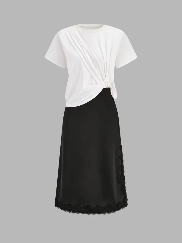 Short Sleeve Lace Trim Midi Dress made by COMMENSE
