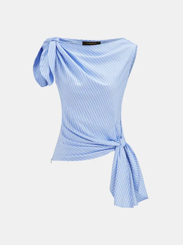 Striped Knot Detail Asymmetrical Tank Top made by COMMENSE