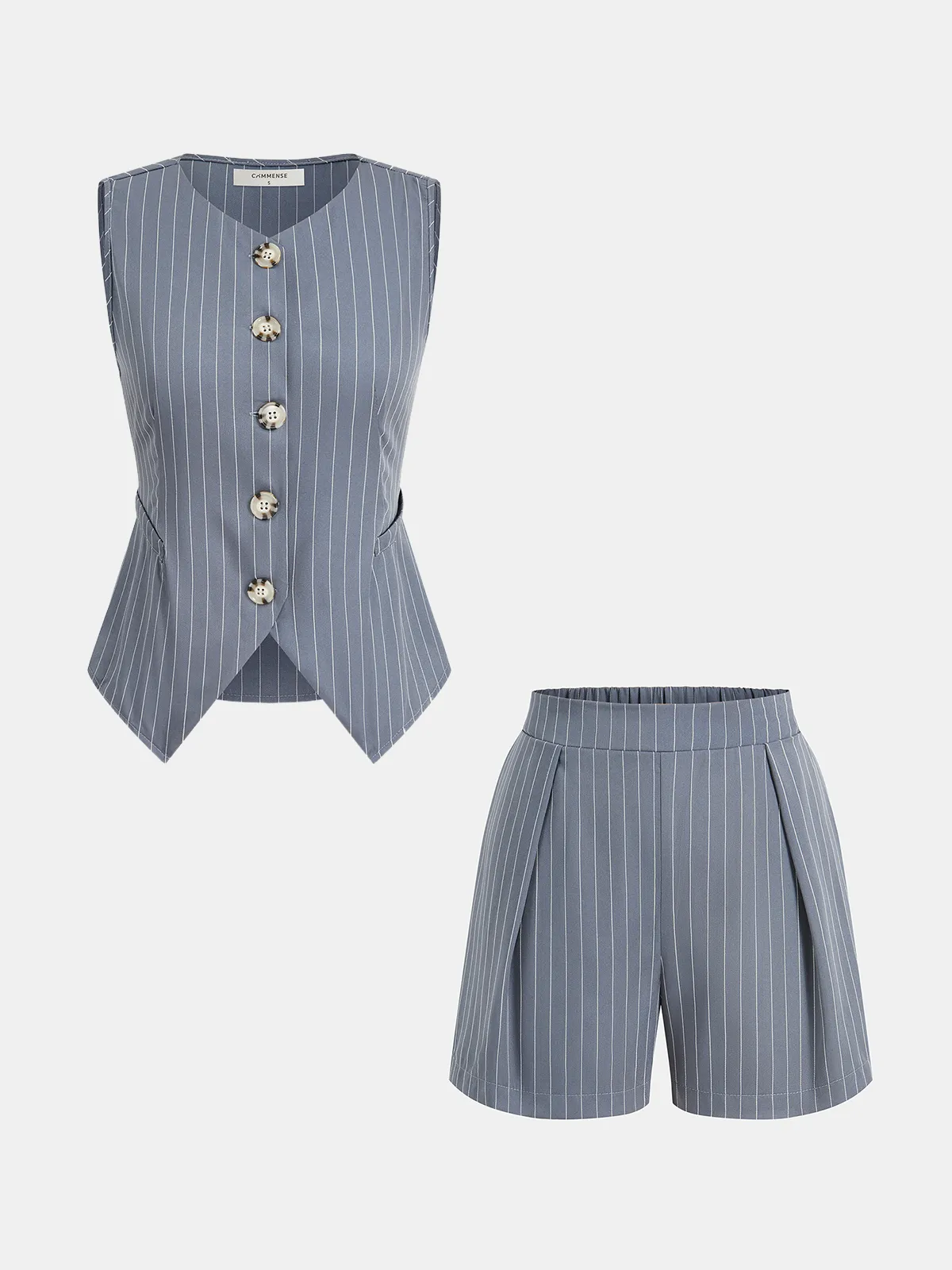 Striped Buttoned Vest & Pleated Shorts Set sold by COMMENSE