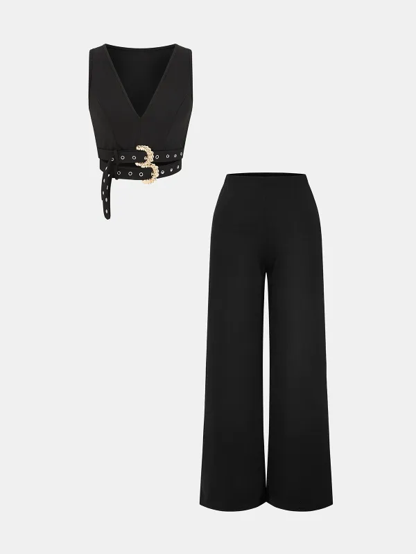 Sleeveless Crop Top & Wide-Leg Pants Set made by COMMENSE