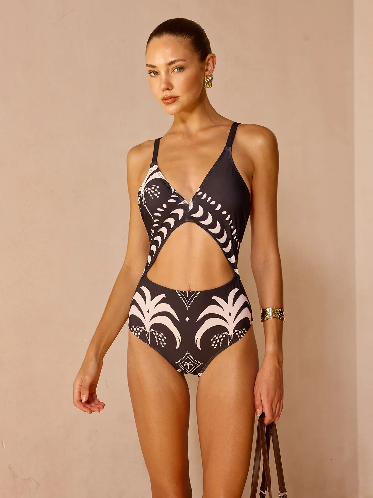 Cutout Palm Tree Print One Piece Swimsuit sold by COMMENSE product image thumbnail 4