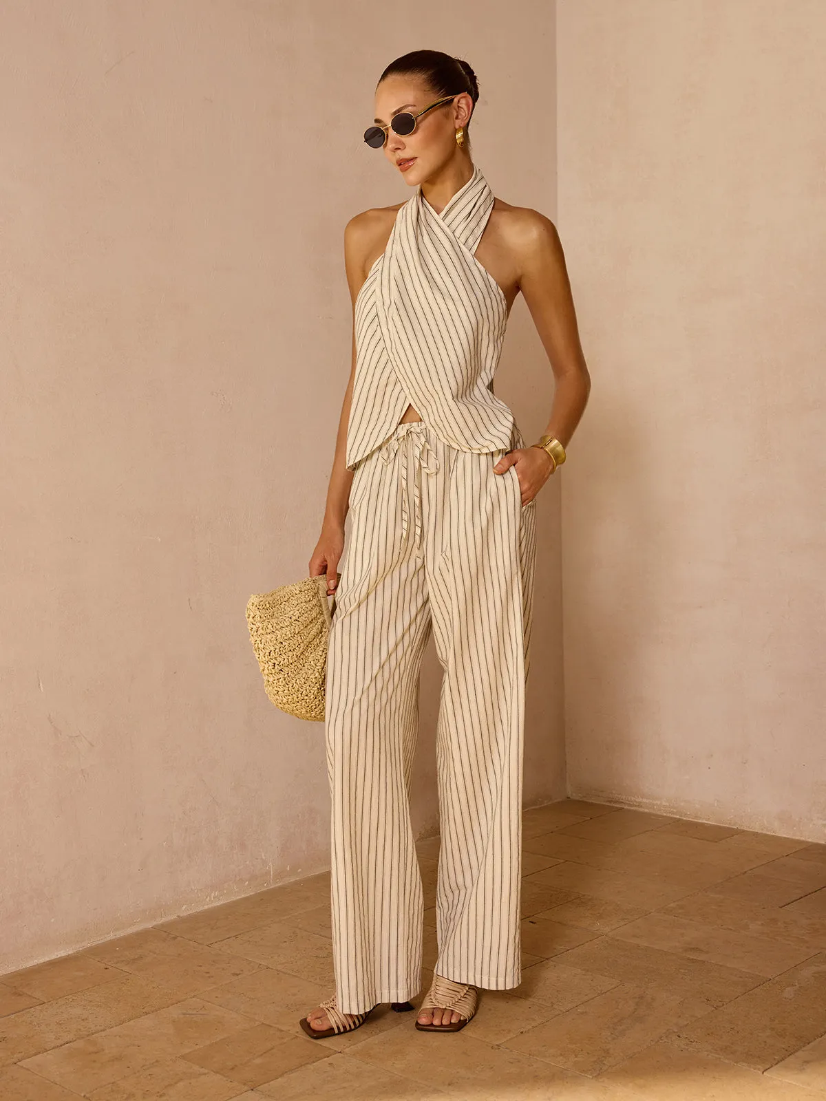 Striped Cotton Linen Halter Top & Pant Set sold by COMMENSE product image thumbnail 4