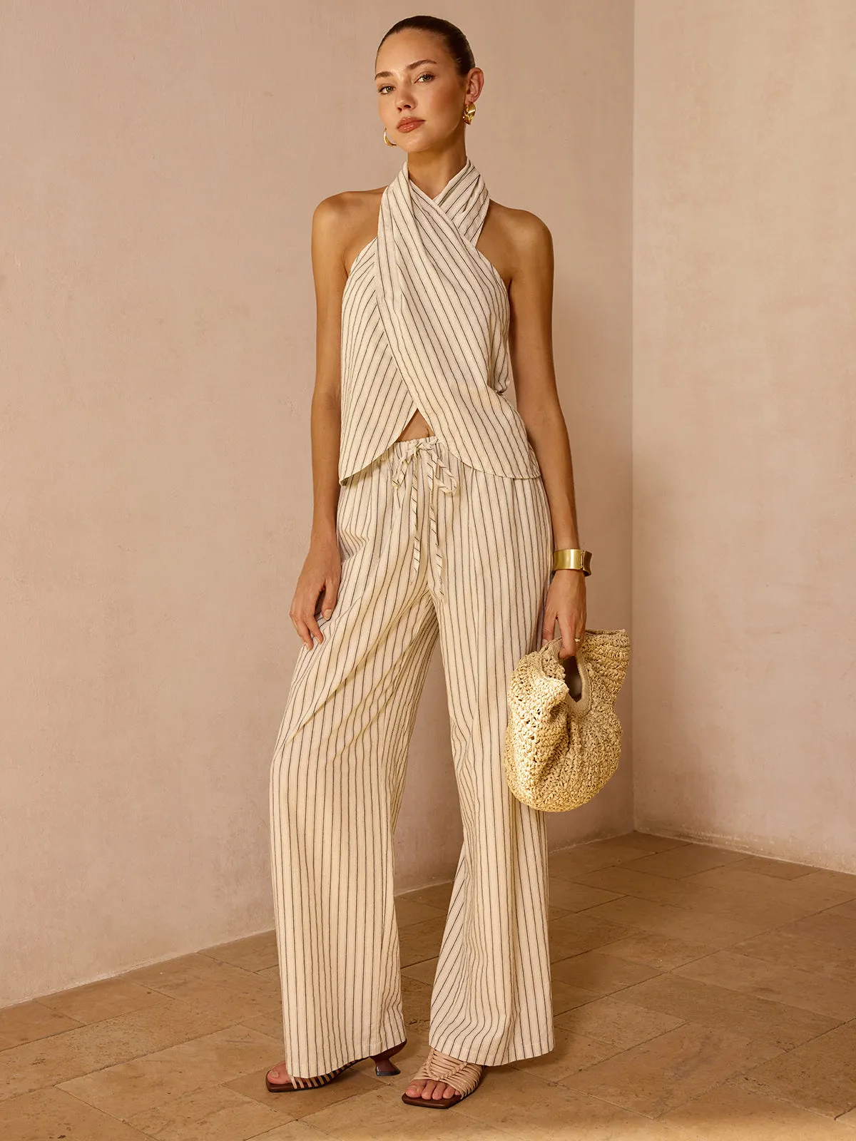 Striped Cotton Linen Halter Top & Pant Set sold by COMMENSE