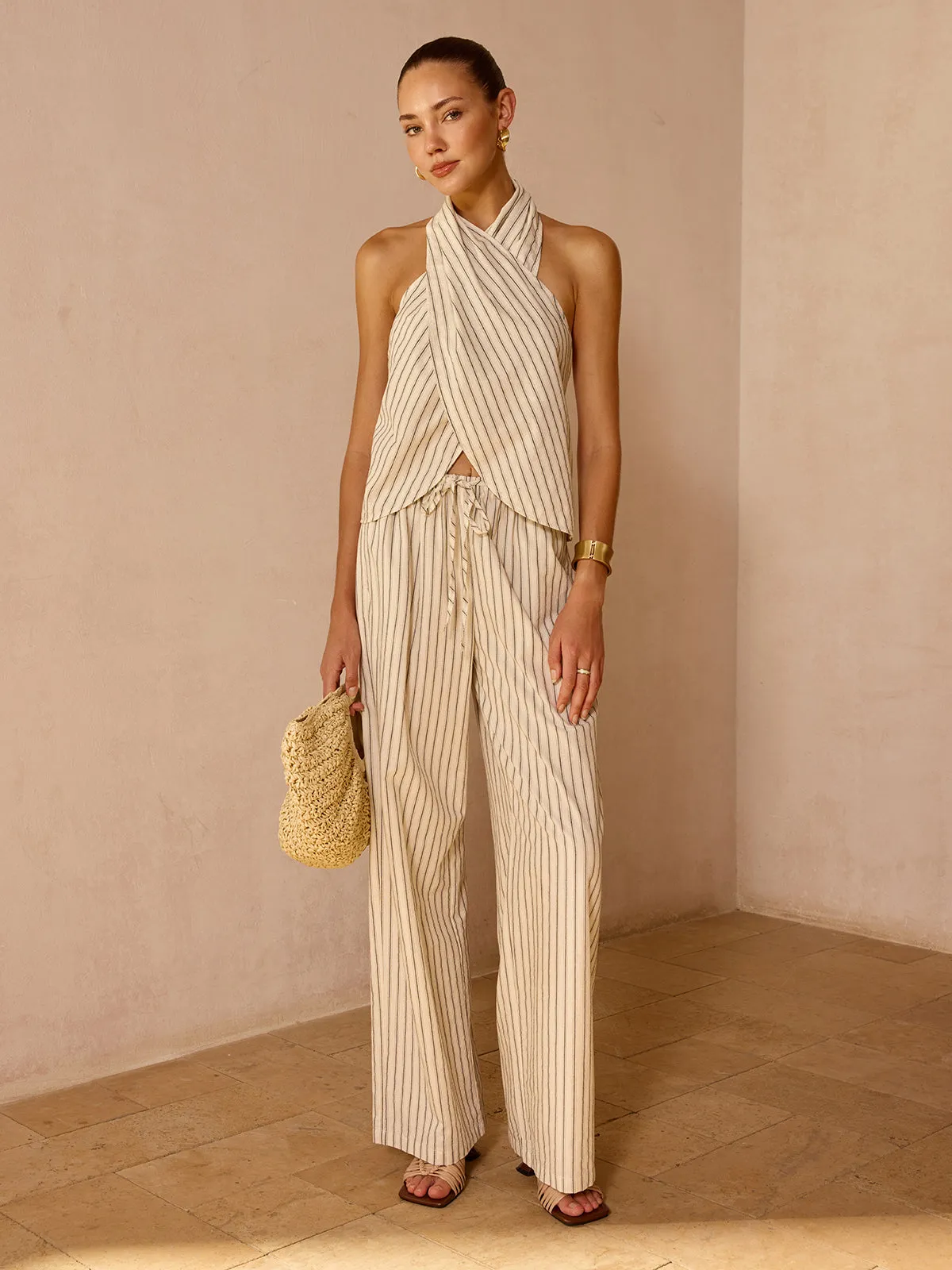 Striped Cotton Linen Halter Top & Pant Set sold by COMMENSE product image thumbnail 5