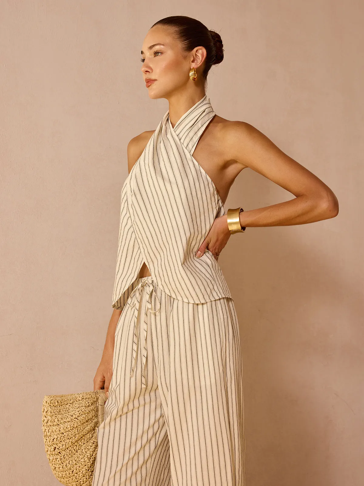 Striped Cotton Linen Halter Top & Pant Set sold by COMMENSE product image thumbnail 2