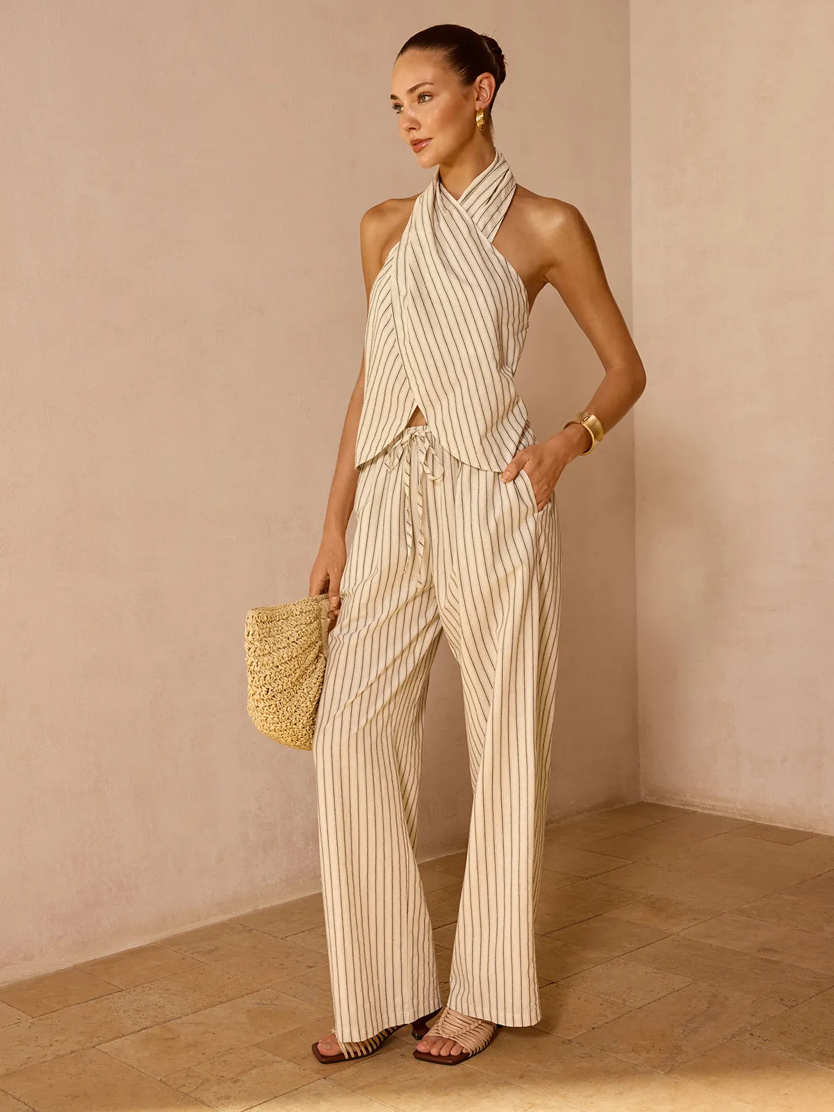 Striped Cotton Linen Halter Top & Pant Set sold by COMMENSE product image thumbnail 3