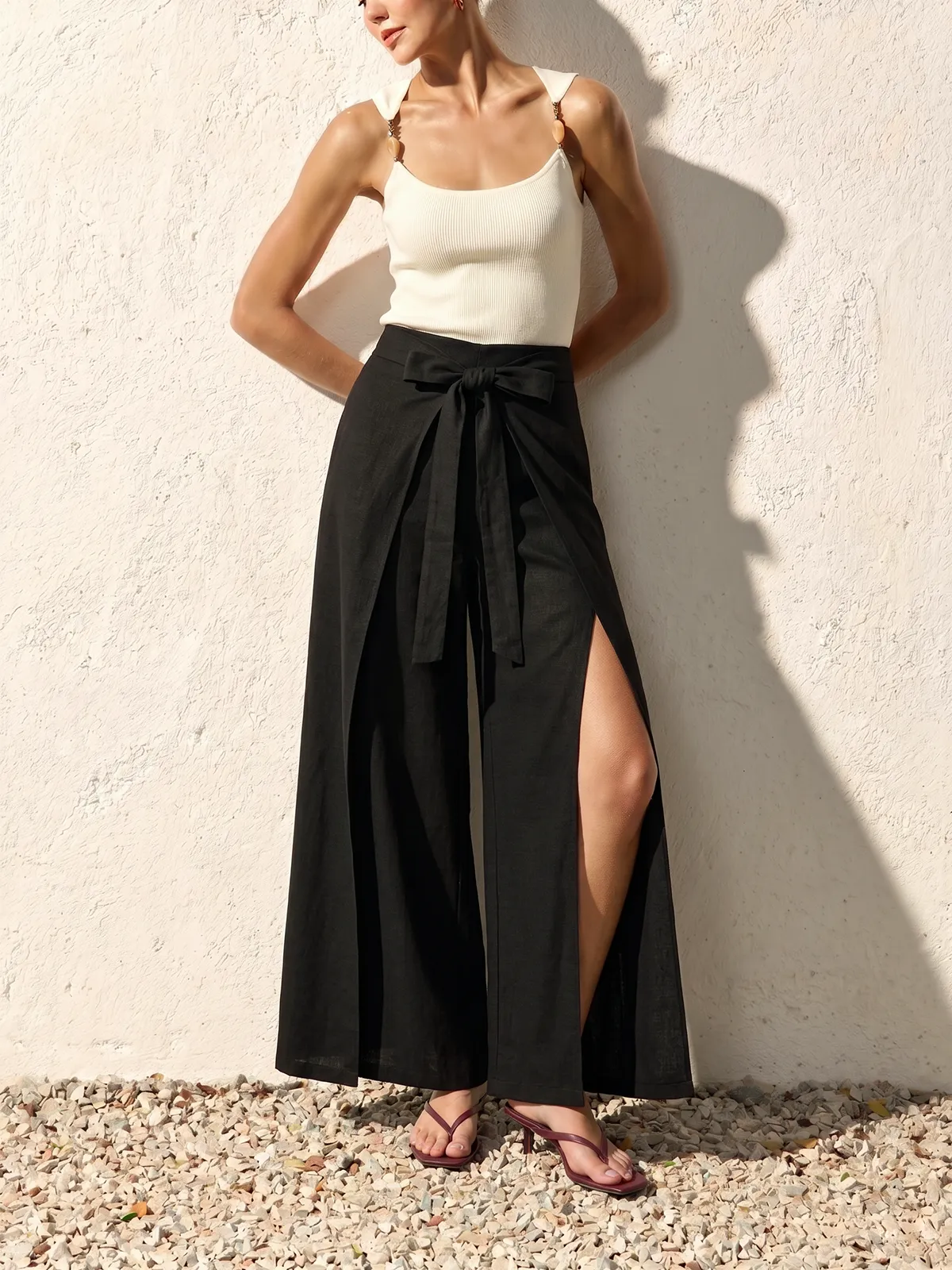 Bow Tie-Waist Side-Slit Wide Leg Pants sold by COMMENSE