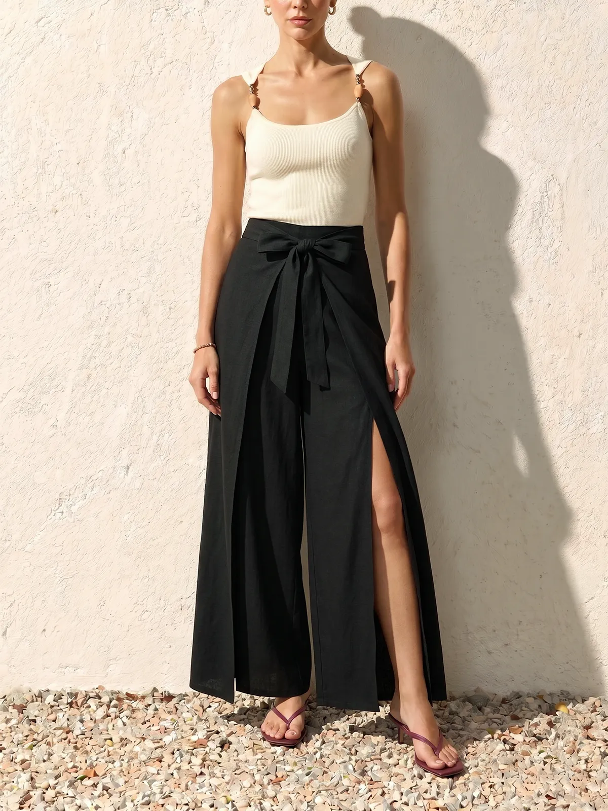 Bow Tie-Waist Side-Slit Wide Leg Pants sold by COMMENSE product image thumbnail 2