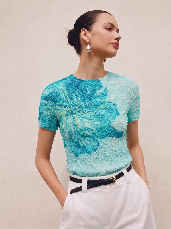 Textured Floral Print Short Sleeve Top made by COMMENSE