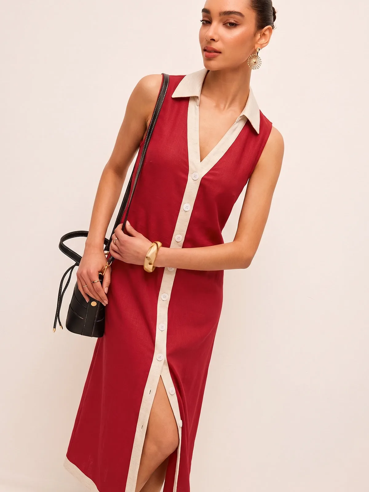 Linen Blend Sleeveless Contrast Trim Midi Dress sold by COMMENSE
