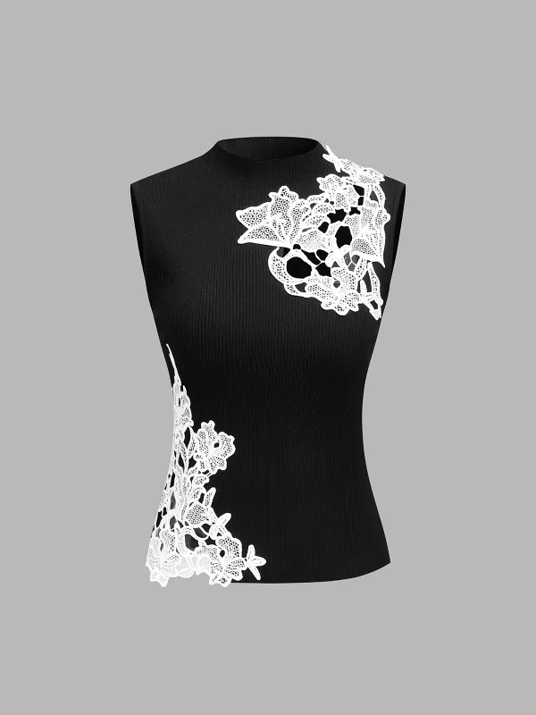 Mock Neck Lace Embroidered Sleeveless Top made by COMMENSE