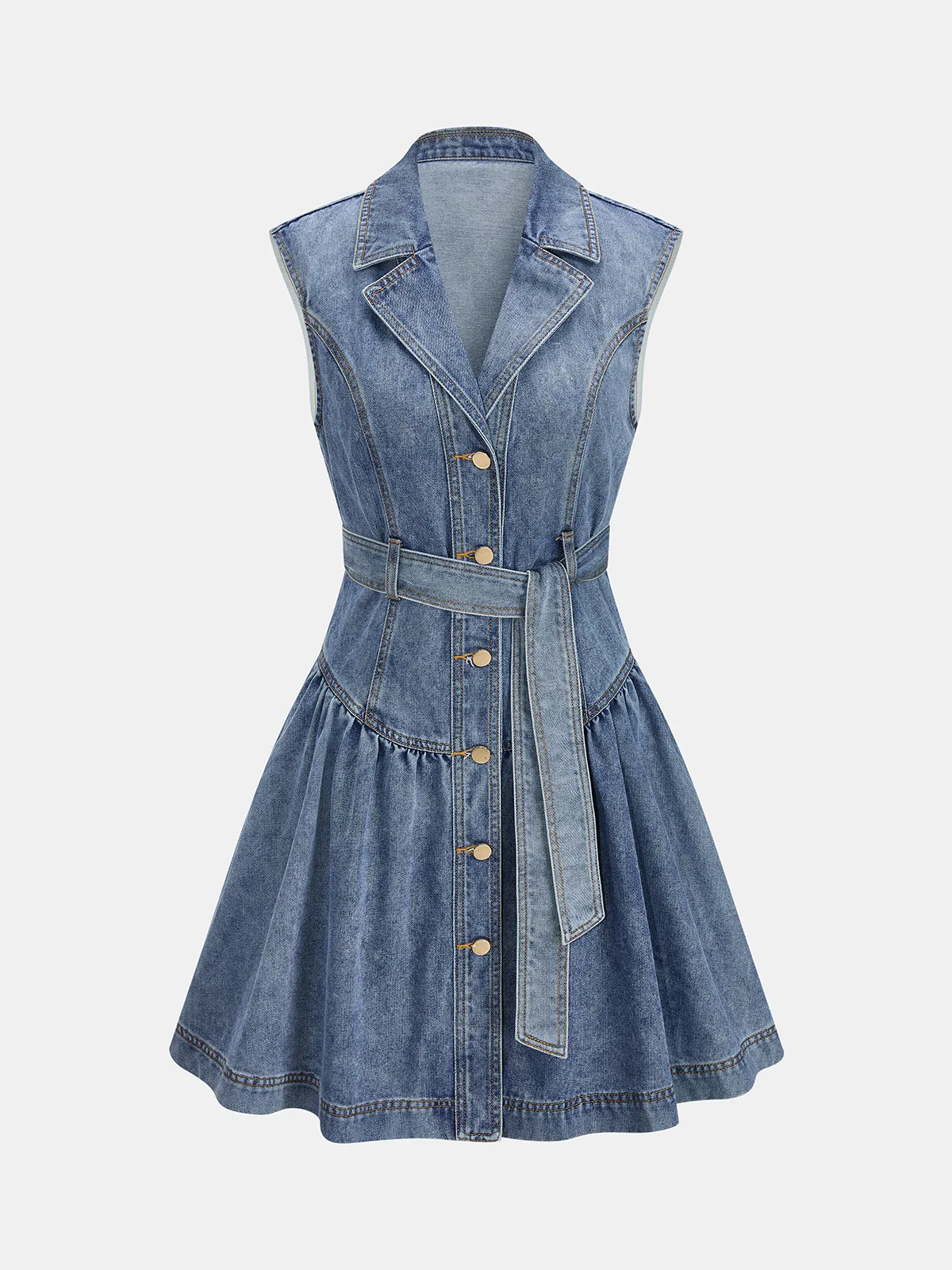 Belted Sleeveless Lapel Denim Shirt Dress sold by COMMENSE