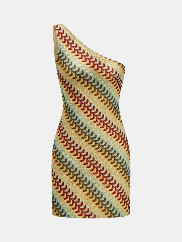 One Shoulder Wave Striped Slim Fit Mini Dress made by COMMENSE