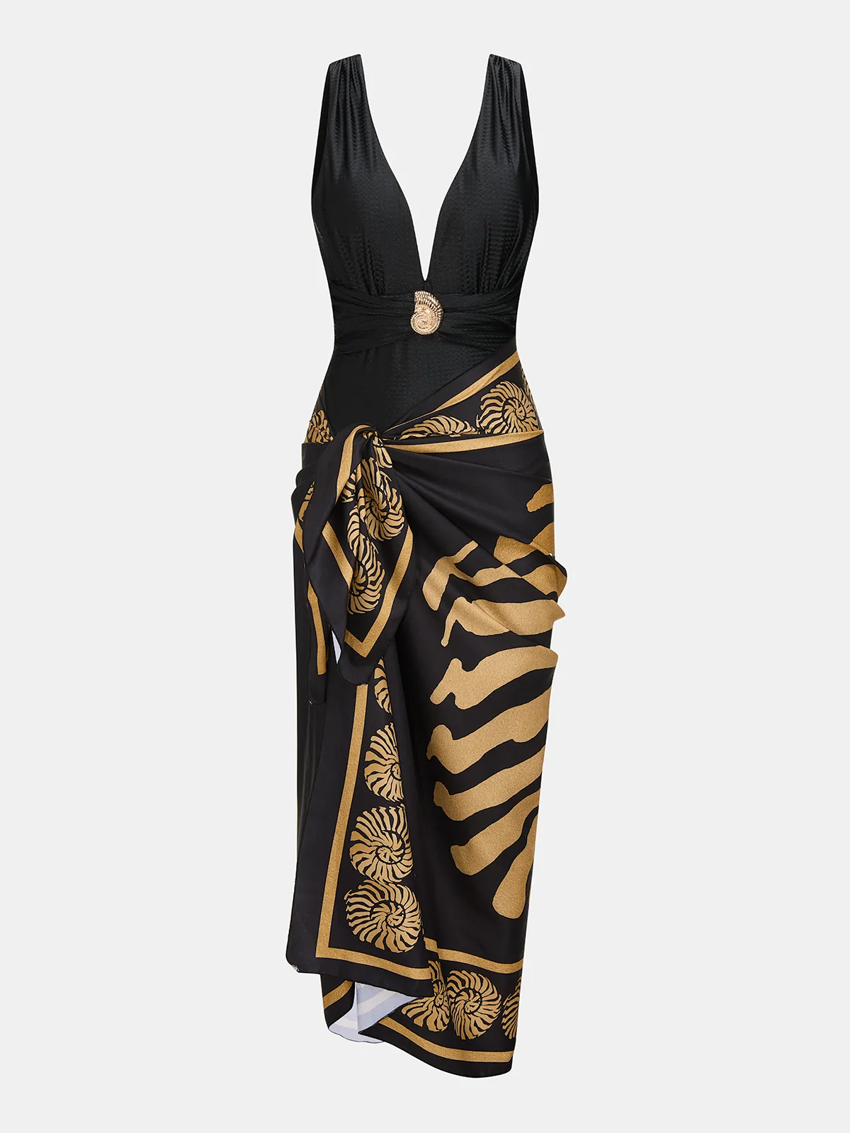 Deep V One Piece Swimsuit & Printed Sarong Set sold by COMMENSE