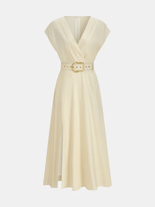 Linen Blend V-Neck Belted Maxi Dress made by COMMENSE