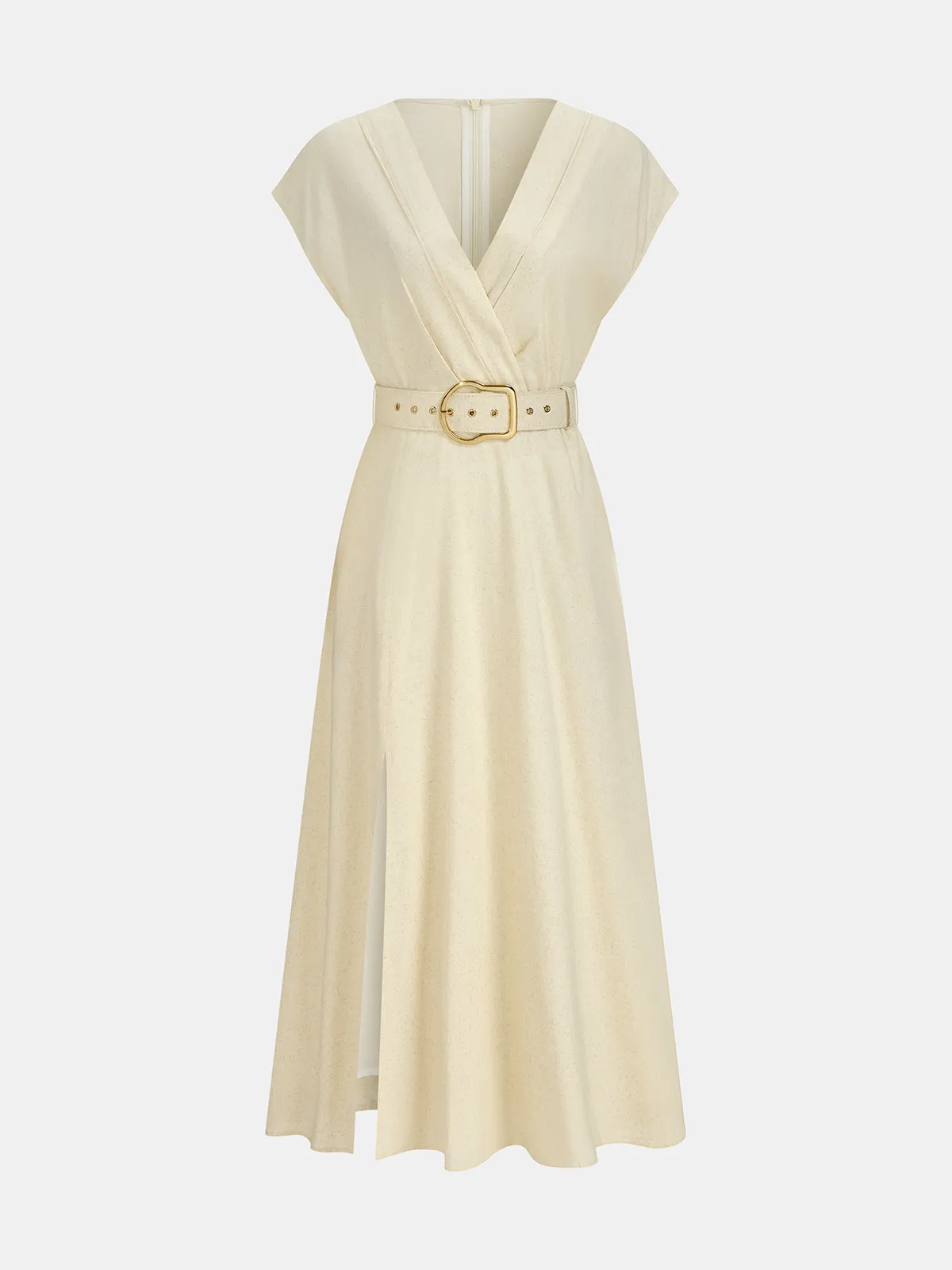 Linen Blend V-Neck Belted Maxi Dress sold by COMMENSE