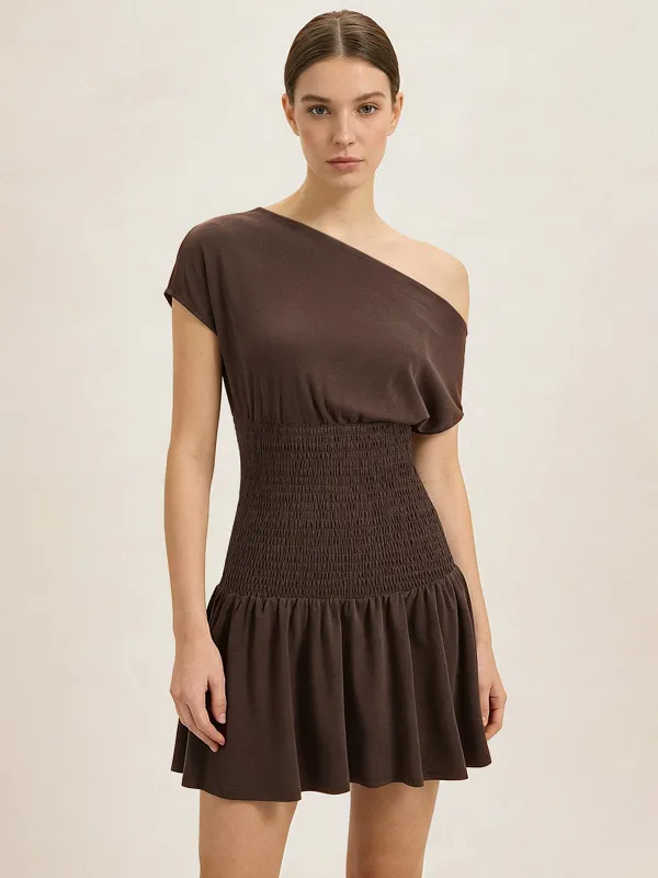 One Shoulder Smocked Waist Mini Dress made by COMMENSE
