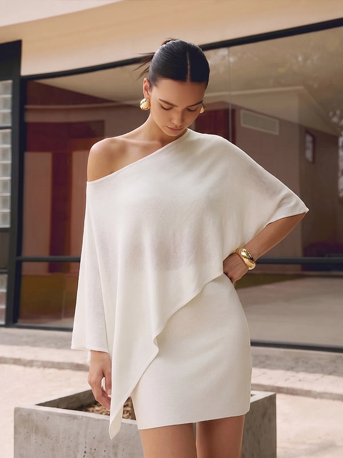 Asymmetric Knit Cape Top & Mini Skirt Set sold by COMMENSE