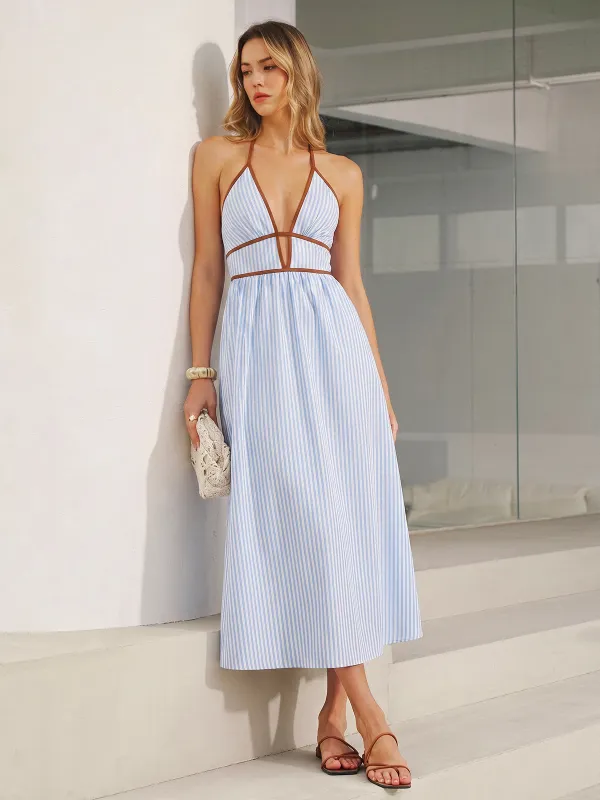 Deep V Neck Halter Striped Midi Dress made by COMMENSE