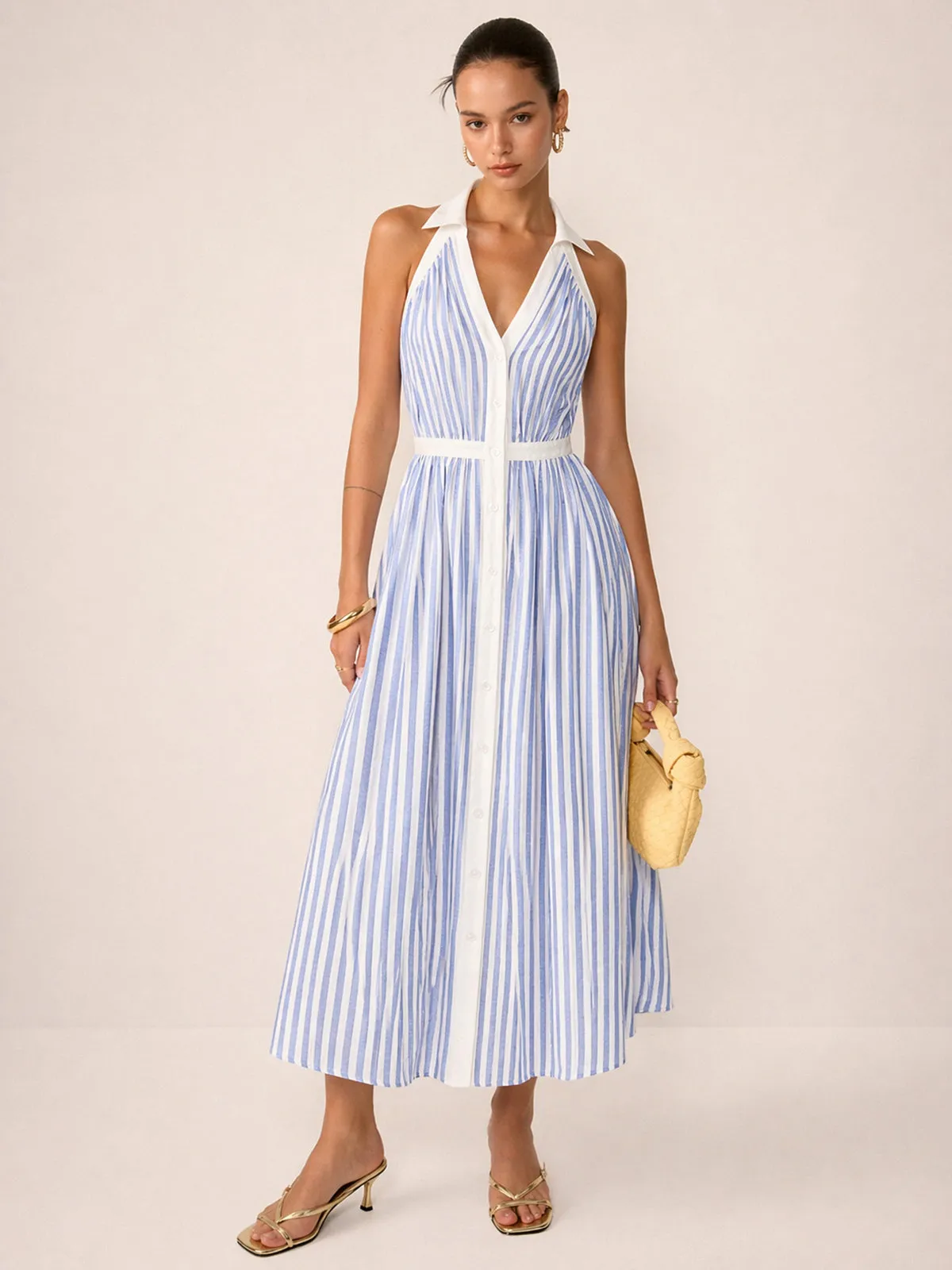 Striped Cotton Blend Collared Halter Midi Dress sold by COMMENSE
