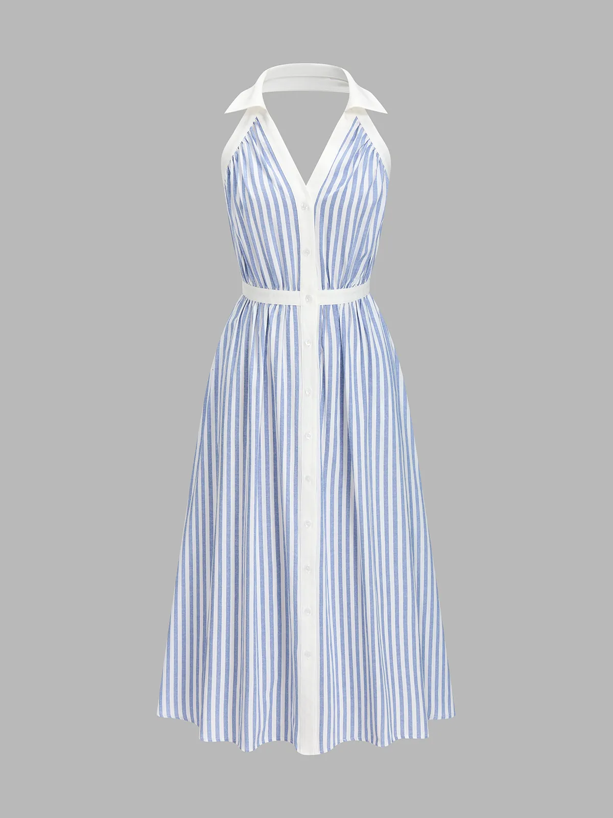 Striped Cotton Blend Collared Halter Midi Dress sold by COMMENSE product image thumbnail 2