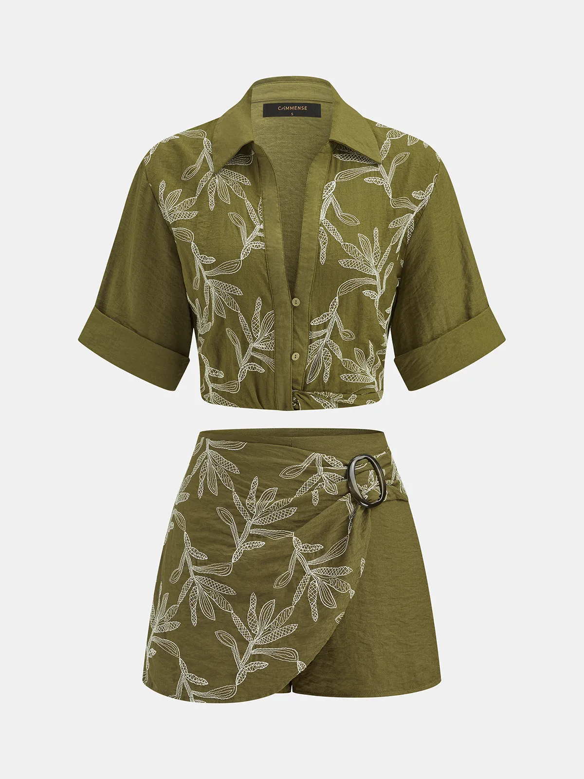 Cotton Linen Leaf Embroidered Shirt & Shorts Set sold by COMMENSE