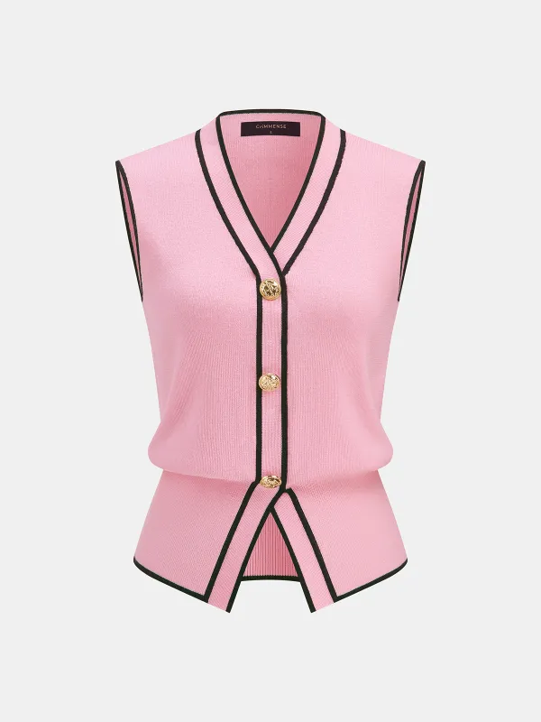 Wool Blend Contrast Trim Metal Button Knit Vest made by COMMENSE