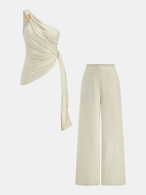 Linen Blend One Shoulder Top & Pants Set made by COMMENSE