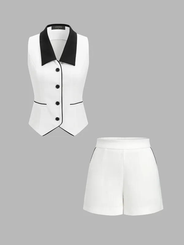 Cotton Linen Contrast Collar Vest & Shorts Set made by COMMENSE