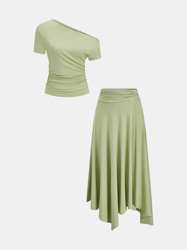 One Shoulder Ruched Top & Midi Skirt Set made by COMMENSE