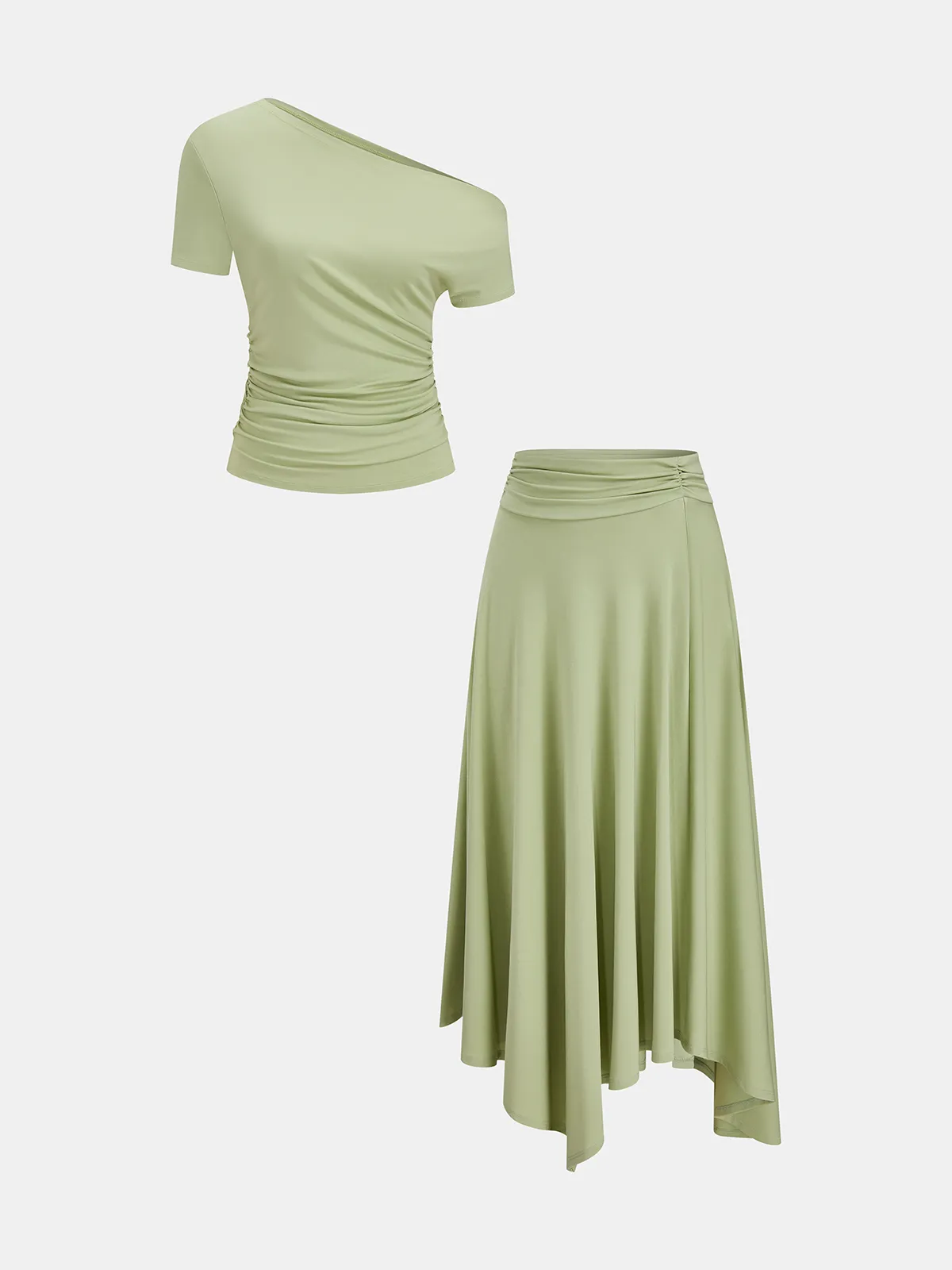 One Shoulder Ruched Top & Midi Skirt Set sold by COMMENSE