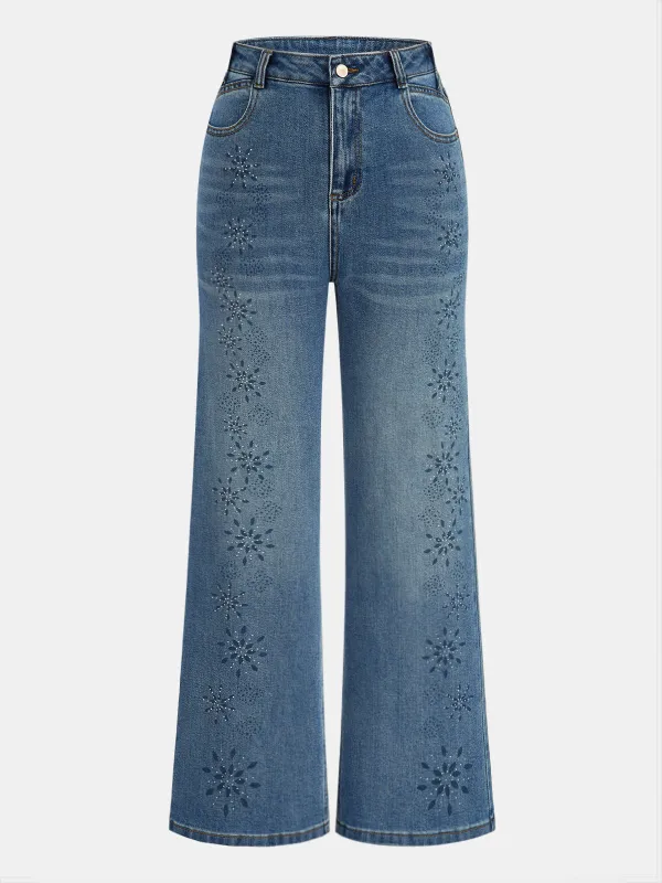 Snowflake Rhinestone Straight-Leg Jeans made by COMMENSE