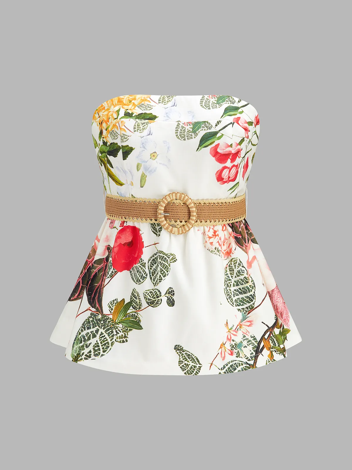 Floral Print Belted Strapless Top & Shorts Set sold by COMMENSE product image thumbnail 2