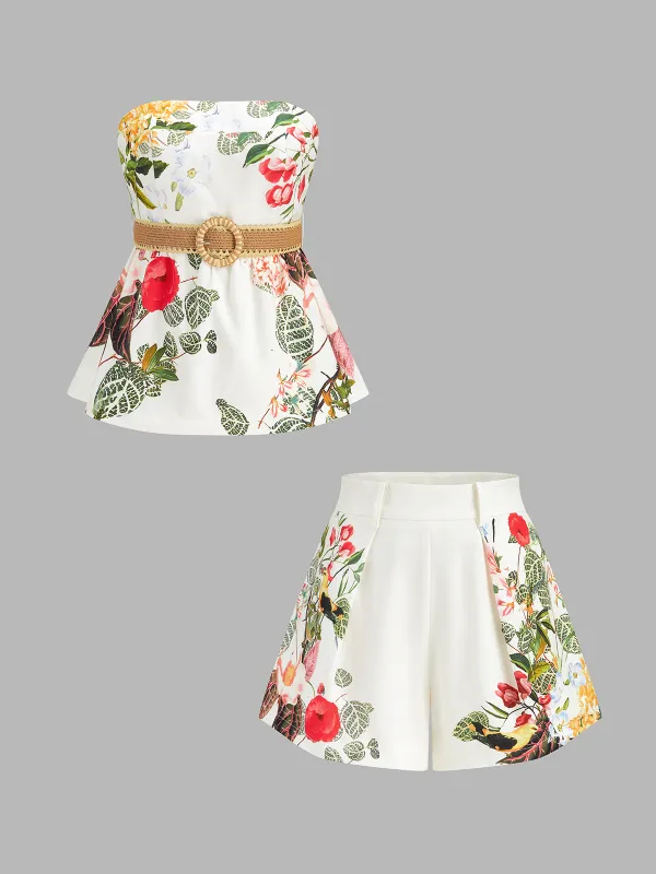 Floral Print Belted Strapless Top & Shorts Set made by COMMENSE
