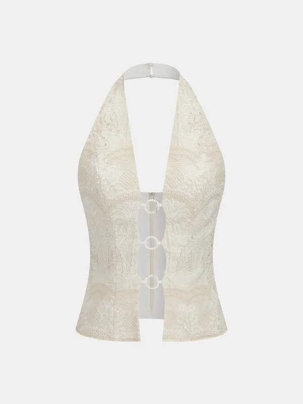 Embroidered Cotton Blend Halter Tank Top made by COMMENSE