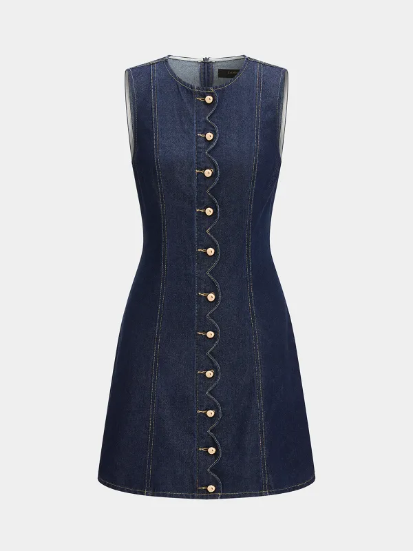 Scallop Button Front Sleeveless Denim Mini Dress made by COMMENSE
