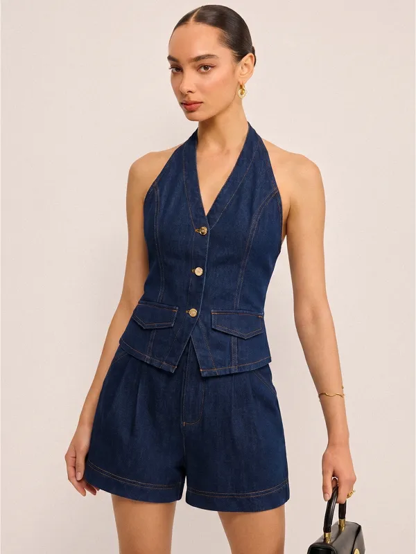 Denim Metal Button Halter Vest & Shorts Set made by COMMENSE