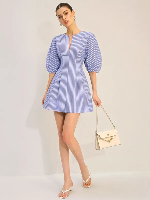 Striped Puff Sleeve Cotton Linen Mini Dress made by COMMENSE