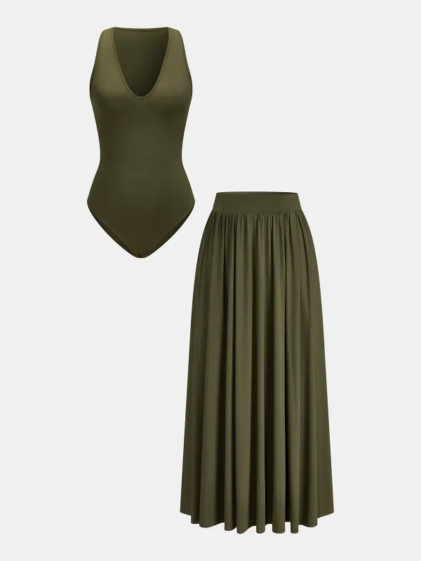 V Neck Sleeveless Bodysuit & Maxi Skirt Set made by COMMENSE