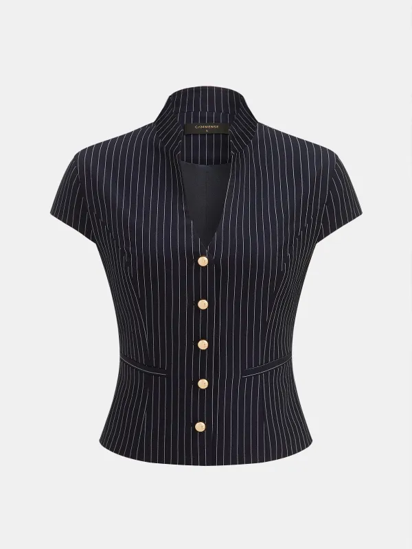 Pinstriped Button-Front Stand Collar Blouse made by COMMENSE