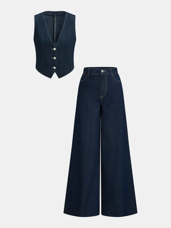 Denim Crop Vest & Wide Leg Pants Set made by COMMENSE