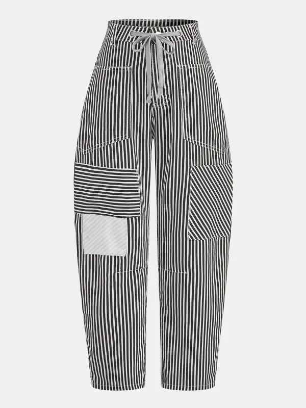 Striped Patchwork Drawstring Barrel Pants made by COMMENSE