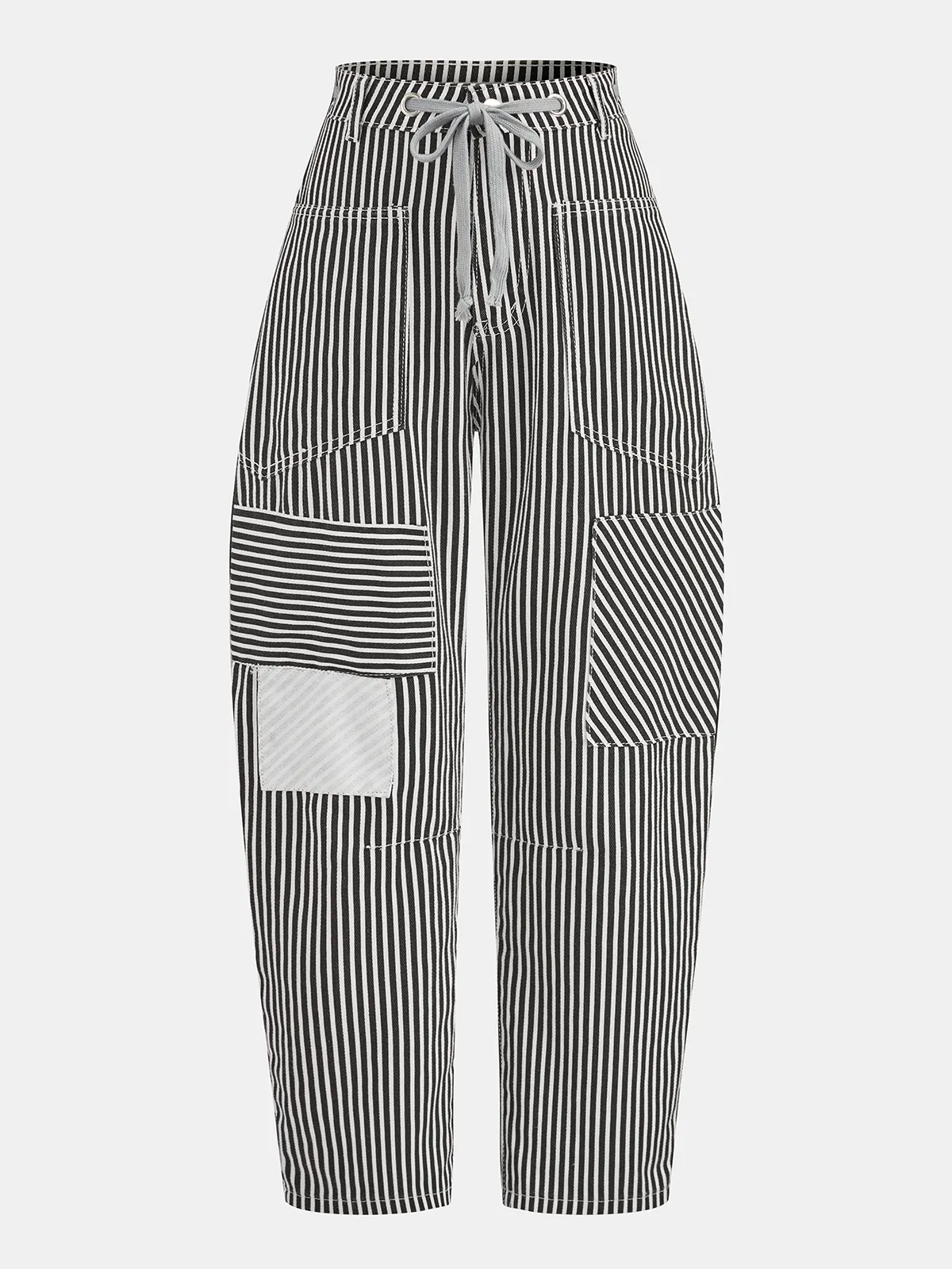 Striped Patchwork Drawstring Barrel Pants sold by COMMENSE