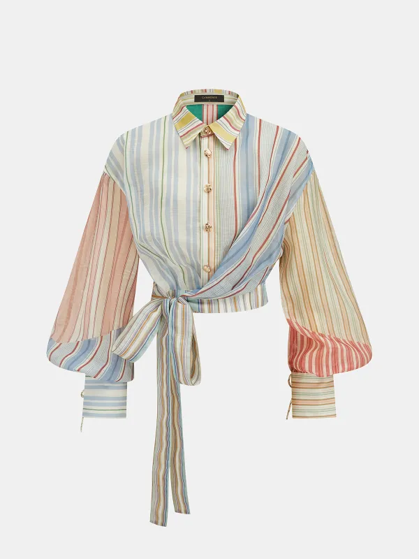 Semi-Sheer Rainbow Striped Tie Waist Blouse made by COMMENSE